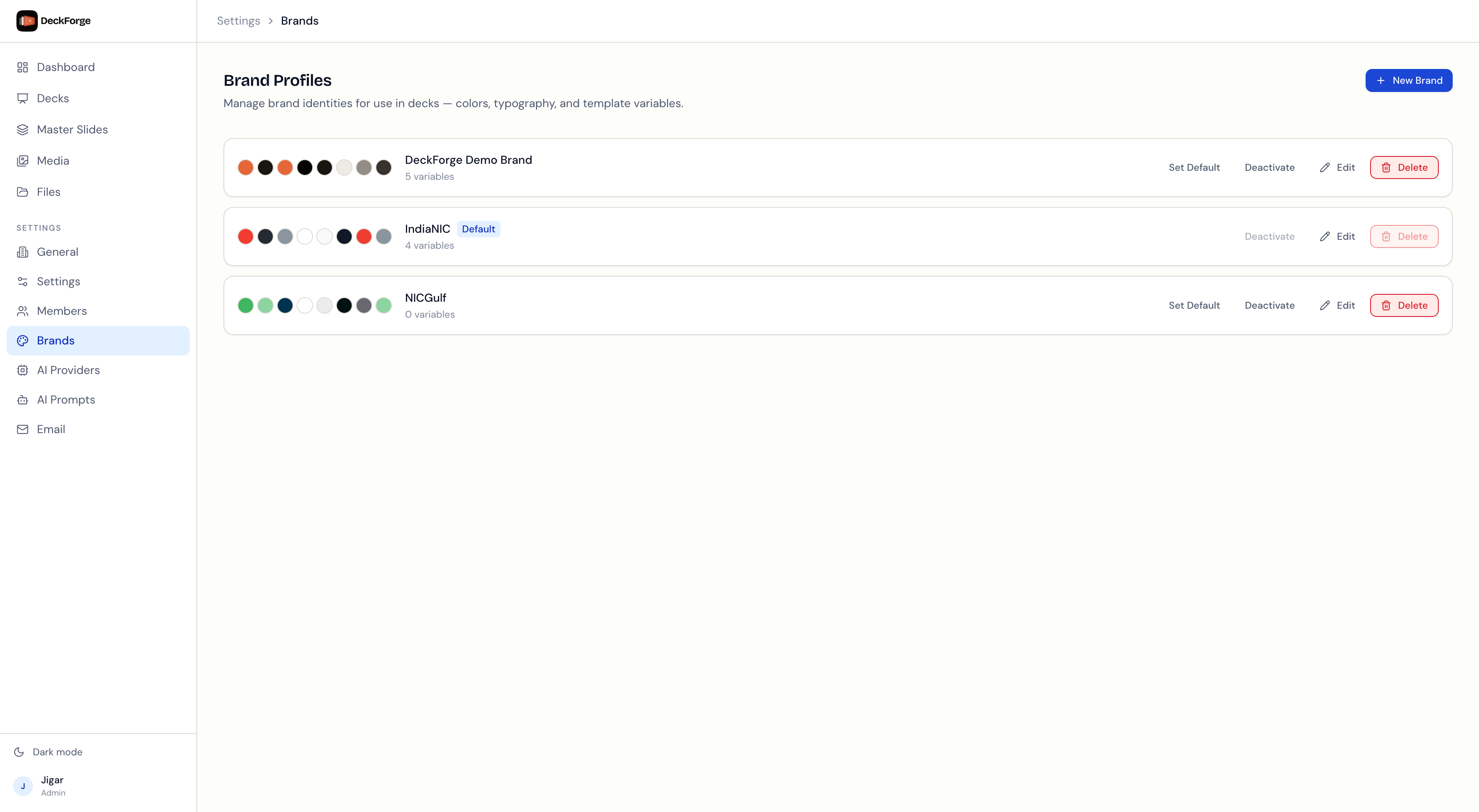 DeckForge brand engine — per-workspace brand profiles with color palettes and typography