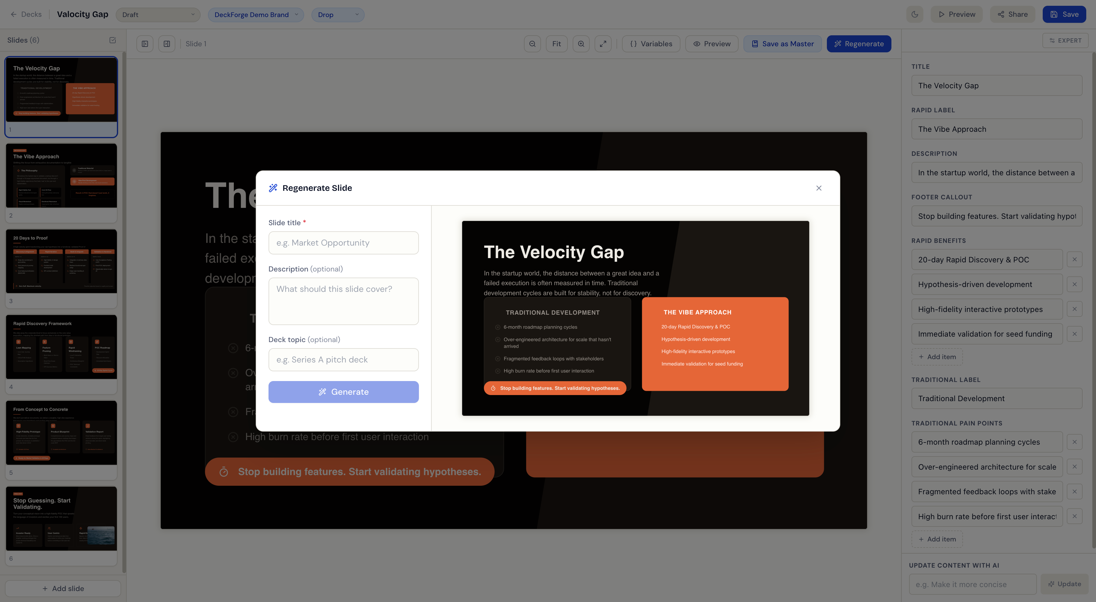 DeckForge slide editor with AI slide regeneration