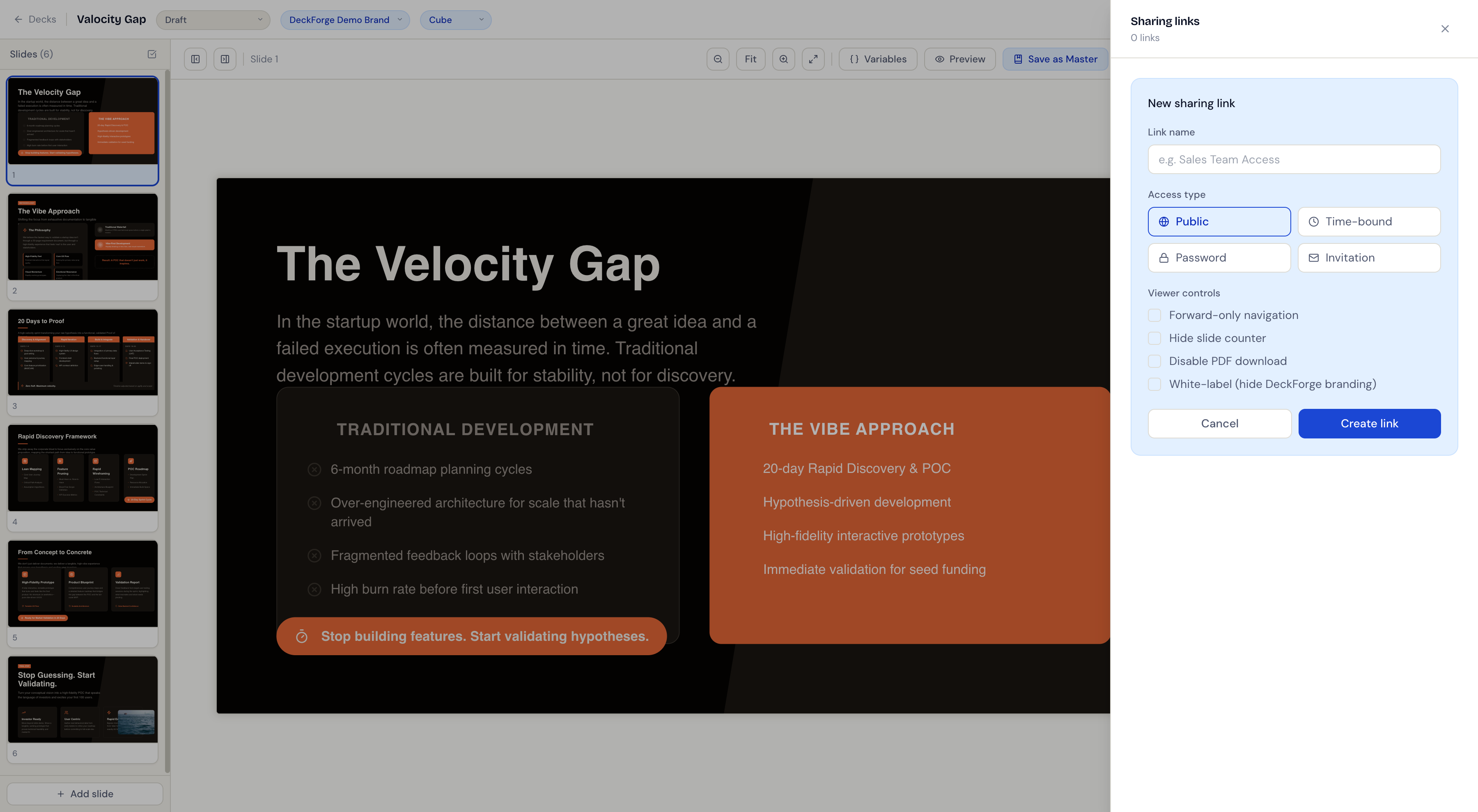DeckForge secure sharing — trackable links with viewer controls and white-label options