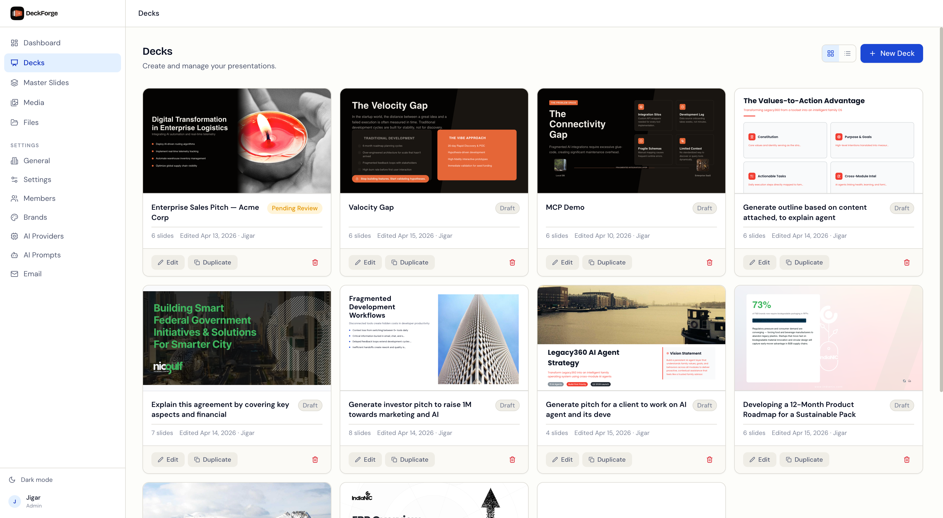 DeckForge deck library — a searchable grid of reusable, on-brand slides and decks